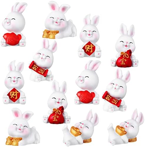 Kisangel 12 יח 'דמויות ארנב מיניאטורות שנת גלגל המזלות הסיני ארנב קישוט שרף שרף פסלוני פסלוני לקישוט השנה