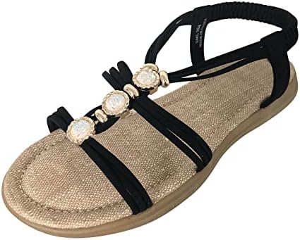 סנדלים לנשים נשות קיץ לבוש אופנה קיץ זמש ריינסטון רצועה אלסטית סנדלים רומאים שטוחים נעליים סנדל