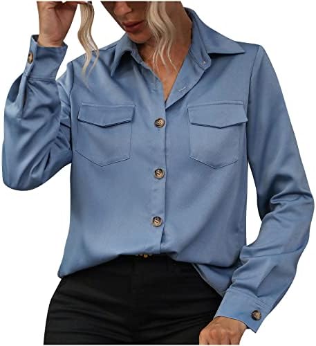 צמרות מזדמנים של נשים דש נ 'צוואר צוואר שרוול ארוך כפתור למטה חולצות עם כיס משרד רשמי בצבע אחיד