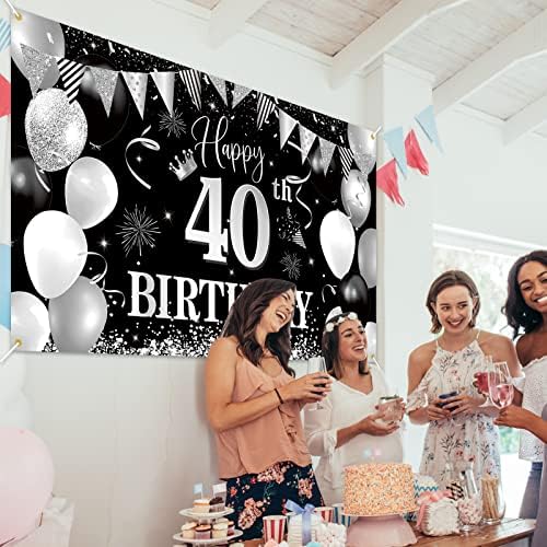 רקע באנר ליום הולדת 40, קישוטי יום הולדת 40 שמחים, רקע בד כסף שחור לגברים ונשים מסיבת יום הולדת