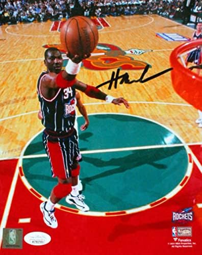 Hakeem Olajuwon יוסטון רוקטס עם חתימה 8x10 LAY UP- JSA W *שחור - תמונות NBA עם חתימה