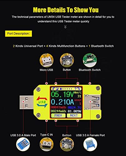 RD UM34 4A USB3.0 USB METER TESTER מתח מתח זרם כוח מטען מתח מד מתח מתח רב -מימטר מדידת כבלים מדוד