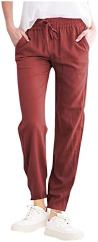 Bakgeerle נשים כותנה פשתן כיס טרקלין ארוך מכנסיים קיץ אלסטי מותניים גבוהים שרוך מכנסי טרנינג