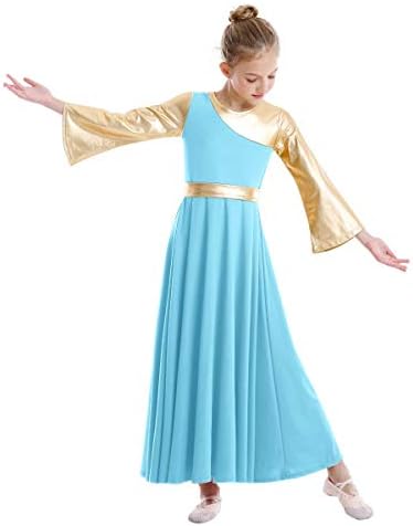 בנות מתכתיות ליטורגיות שמלת ריקוד פעמון שרוול ארוך תחפושת פולחן לירית בגדי ריקוד באורך מלא לילדים