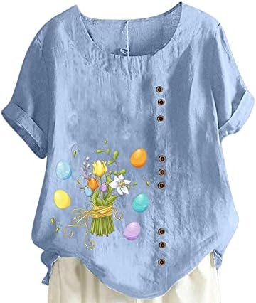 פסחא חולצות לנשים חמוד ארנב ביצים גרפי חולצה קיץ כותנה פשתן חולצות בתוספת גודל מזדמן רופף בכושר חולצה