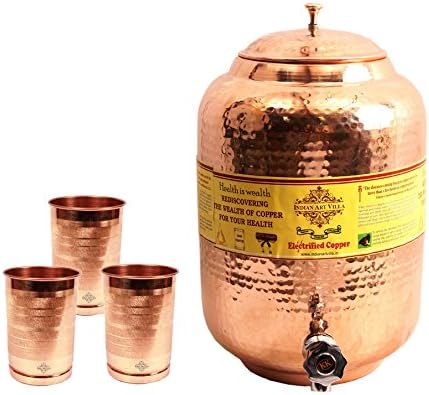 הודי אמנות וילה בעבודת יד טהור נחושת מים סיר טנק מטקה 5.5 ליטר, 3 זכוכית כוס כוס