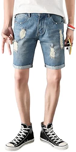 מכנסיים קצרים דקים של גברים דקים דקים קז'ן קז'ואל פשוט קרוע ג'ינס קצרים קיץ קלאסי מתאים מכנסיים קצרים של חור שבור