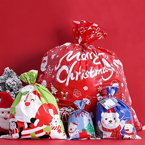 12 יחידות חג המולד ג 'מבו גדול מתנת שקיות 44 איקס 36 פלסטיק חג המולד מתנת גלישת שקיות 4 גדלים עם תגי מתנה