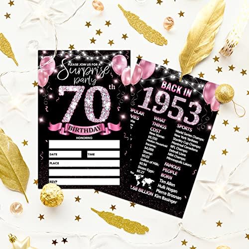 כרטיס הזמנה למסיבת יום הולדת 70 - ורד זהב מזמין עם חזרה בשנת 1953 הדפסת פוסטרים בגב המילוי האחורי