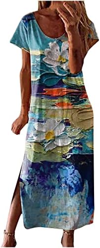 נשים של קיץ מקסי שמלה מזדמן רופף ציור פרחוני מודפס ארוך שמלות קצר שרוול פיצול טרנדי שמלה