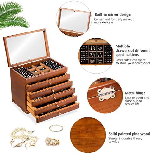 XJJZS תיבת תכשיטים עץ עץ וינטג 'תכשיטים מתבצעים במראה, מארגן עם 5 מגירות, עגילים טבעות אביזרים ארון