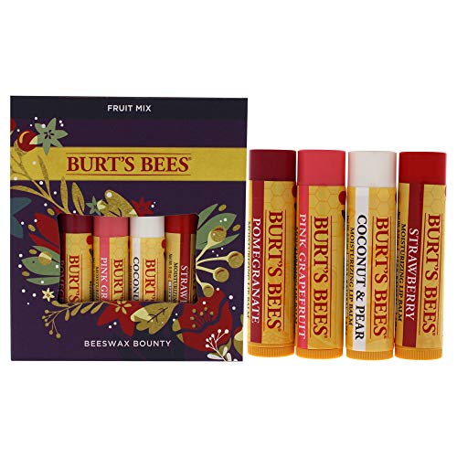 מתנת חג של Burt's Bees, 4 מוצרי גרבי שפתון של שפתון, סט פירות שעוות דבורים - רימון, מנדרינה מתוקה,